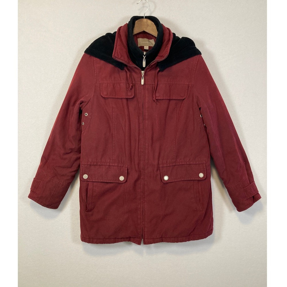Croft & Barrow Barn Jacket Women's Small Burgundy Red Hooded Double Zip Coat